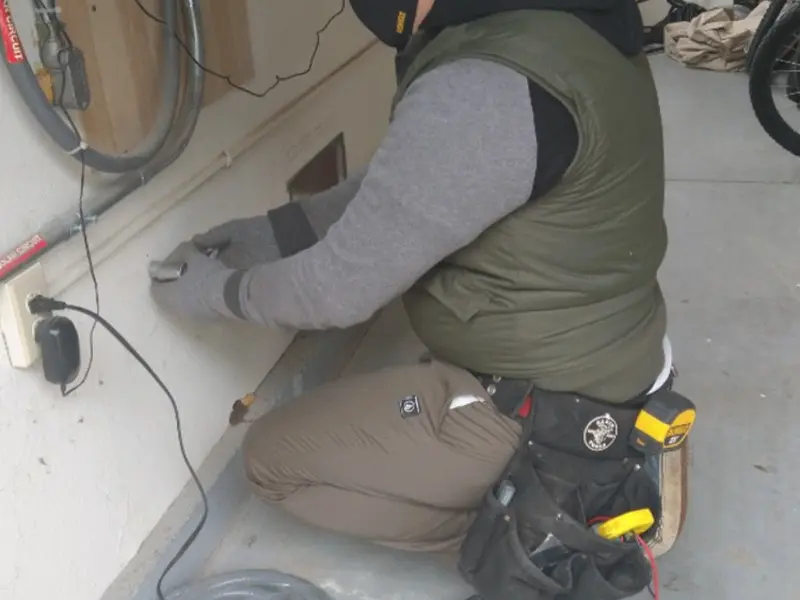 Electrician performing outlet wiring in a Buena garage